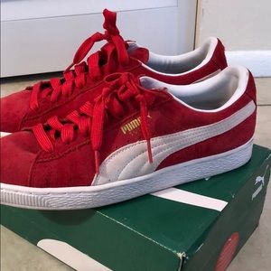 Red and white puma suede